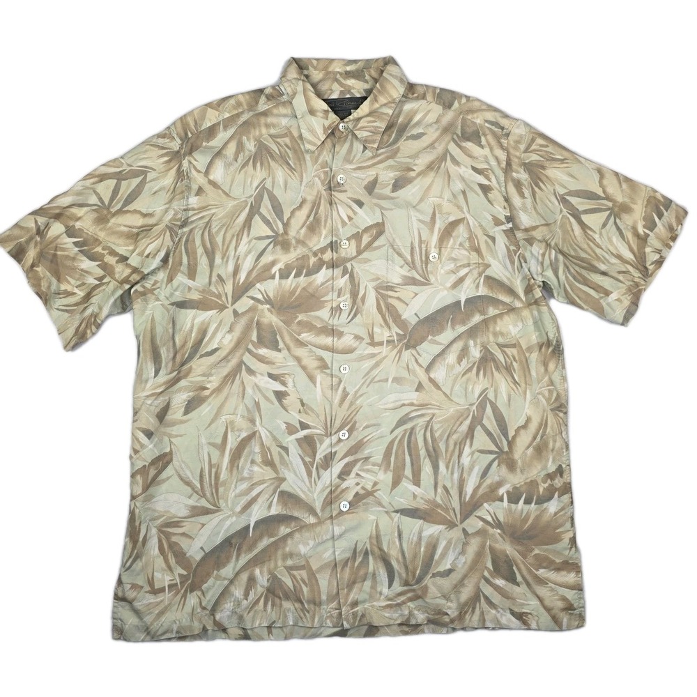 Tori Richard Silk‎ Shirt Mens Large Beige Hawaiian Embossed Palm Tree Vintage